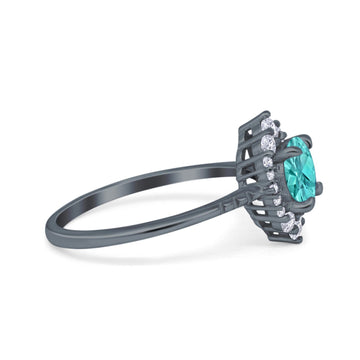Halo Engagement Ring Vintage Round Black Tone, Simulated Paraiba Tourmaline CZ 925 Sterling Silver
